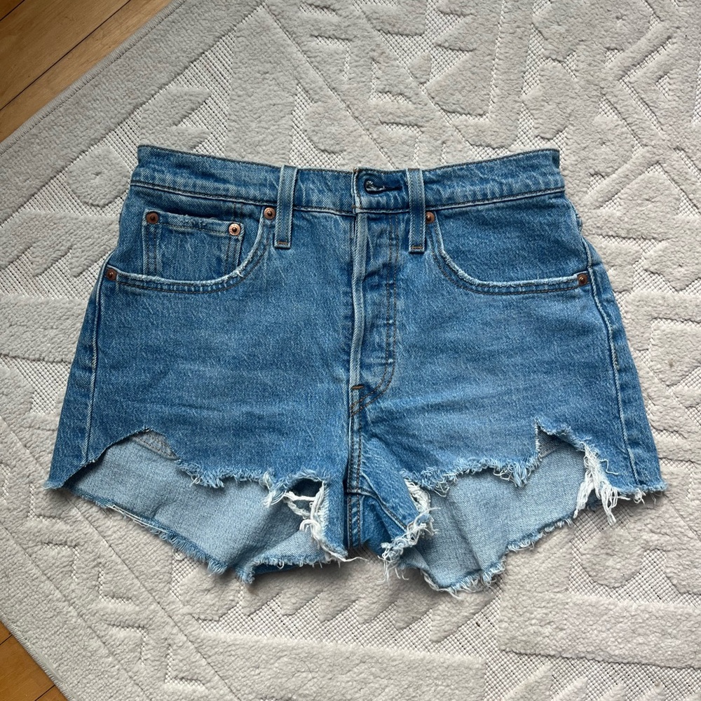 Levi's Original 501 High Rise Button Up Blue Distressed Jean Shorts